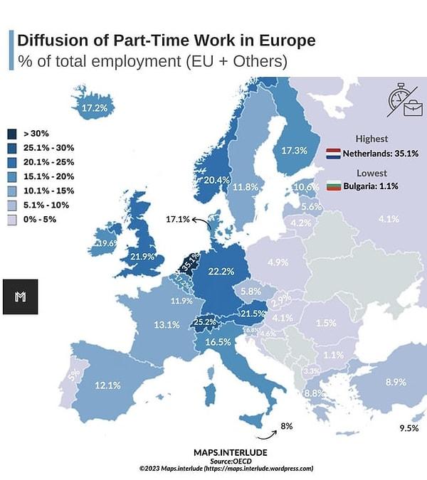 15. Avrupa ülkelerinde yarı zamanlı çalışan insan yüzdesi.