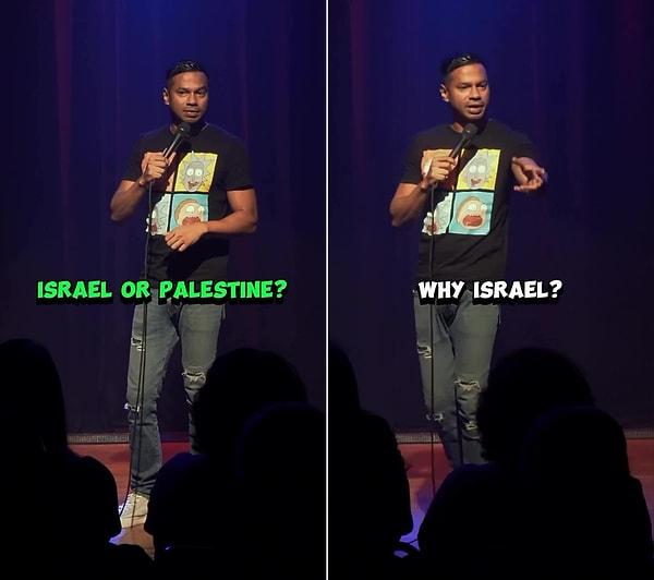 Daniel Fernandes o anlarda seyircilerine İsrail-Filistin savaşında kimi desteklediklerini soruyor ve bir kişi İsrail'i desteklediğini belirtiyor.