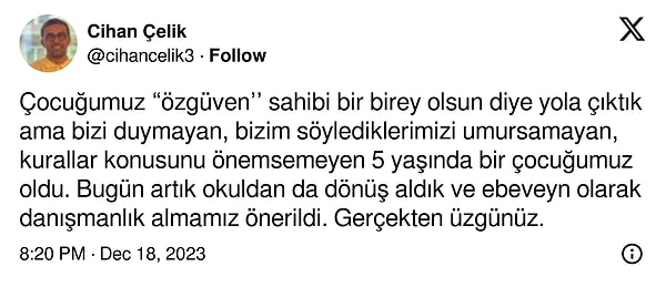 Sosyal medyada saha çalışmalarının da getirdiği deneyimle aktif bir şekilde paylaşım yapan çocuk psikoloğu Cihan Çelik'in paylaşımları da bu konuda bir birikim olduğunu gösteriyor.