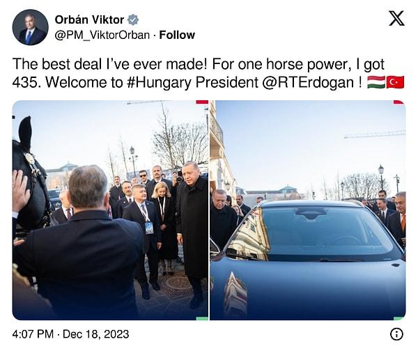 Orban paylaşımında Togg ve Macar atının fotoğrafını paylaşarak "Bugüne kadarki yaptığım en iyi anlaşma. Bir beygir gücü karşılığında 435 beygir gücü elde ettim" dedi. Orban paylaşımıyla sosyal medyada pek çok yorum aldı.