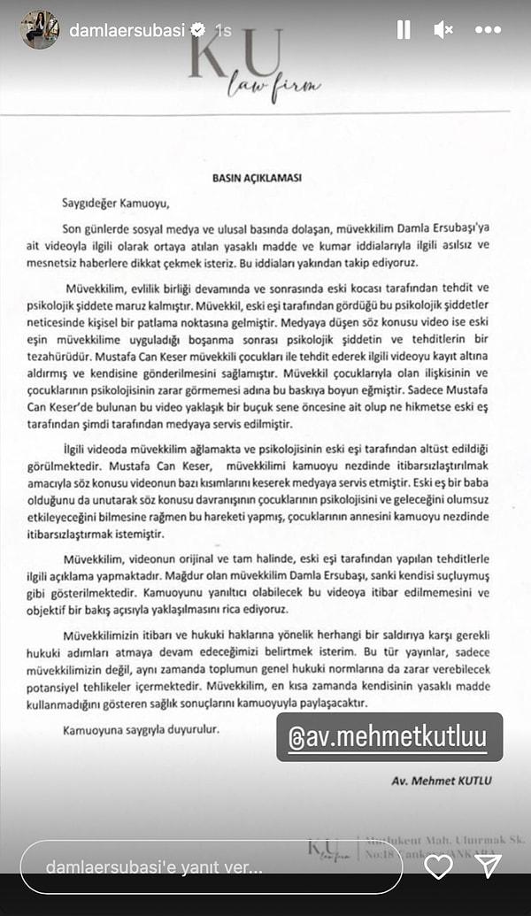 Yeni bir gelişme daha yaşandı ve konuyla ilgili sessiz kalan Damla Ersubaşı'nın avukatı Mehmet Kutlu'dan kamuoyuna duyuru geldi.