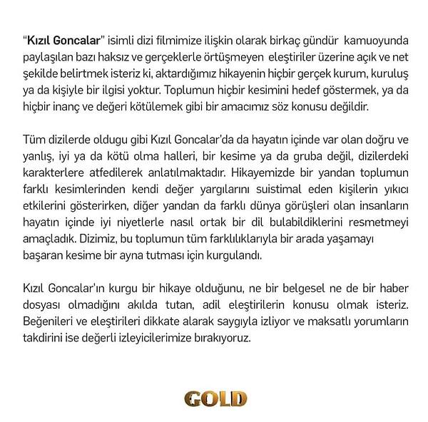 Eleştirilerin hedefindeki Kızıl Goncalar'ın yapım şirketi Gold Yapım bir açıklama metni yayınlarken, Müge Dağıstanlı dizi hakkında yeni bir gelişme açıkladı.
