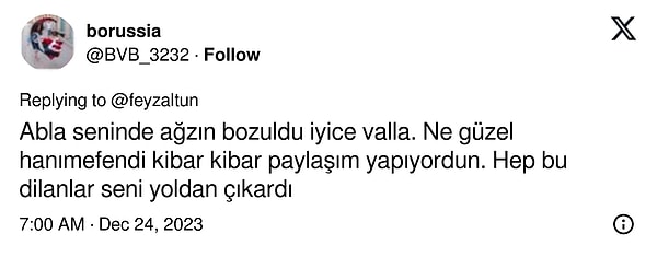 Feyza Altun'un bu paylaşımına gelen yorumlardan bir tanesi de ağzının bozulduğu yönündeydi.