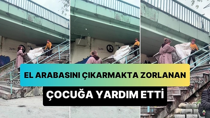 Geri Dönüşüm Arabasını Merdivenlerden Çıkarmakta Zorlanan Çocuğa Yardım Eden Güzel İnsan