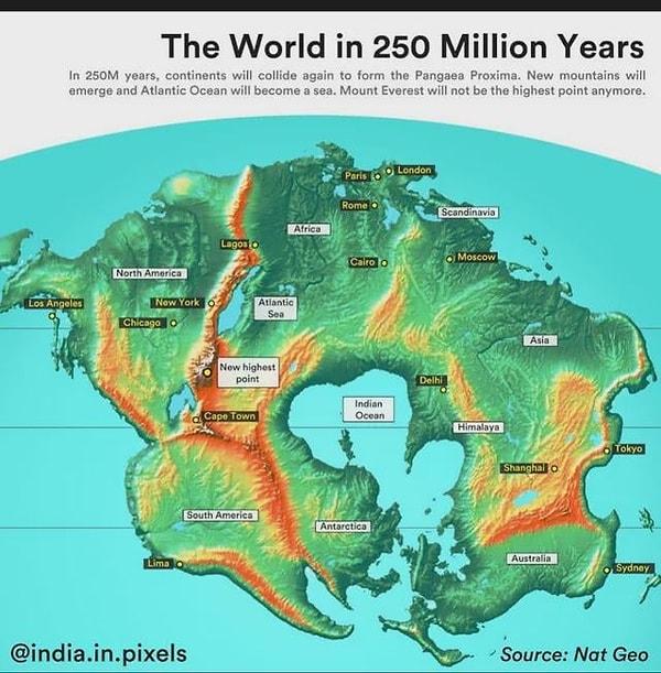 2. Bundan 250 milyon yıl sonra Dünya'daki kıtaların tahmini coğrafi şekli.