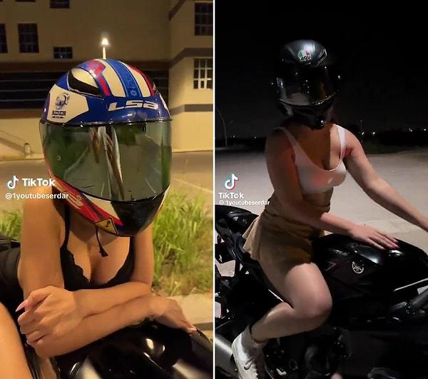 Motosiklet kaskı takan kız arkadaşının videolarını çeken ve her defasında da 'Canlı yayına gelin, kız arkadaşımın yüzünü gösteriyorum' diyen kişi insanları TikTok canlı yayınına davet ediyor.