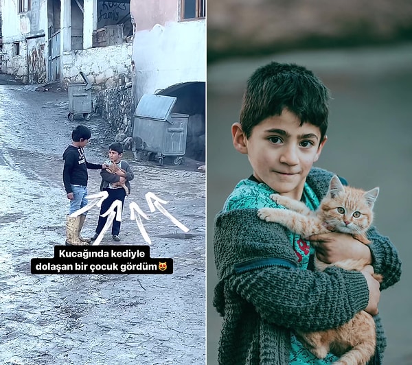 Köyde gezerken kucağında kedi seven çocuğu fark eden Eren Özdal, çocuktaki merhamet duygusundan etkilenerek makinesini eline alarak o anları kaydetti.