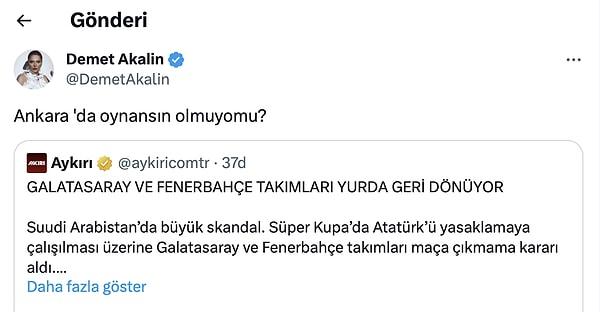 Olaylar ve tepkiler tabii ki durmadı ve Demet Akalın'dan beklenen hamle de gecikmedi. Şarkıcının attığı "Ankara'da oynansın olmuyo mu?" tweetinin altına yüzlerce yorum geldi.