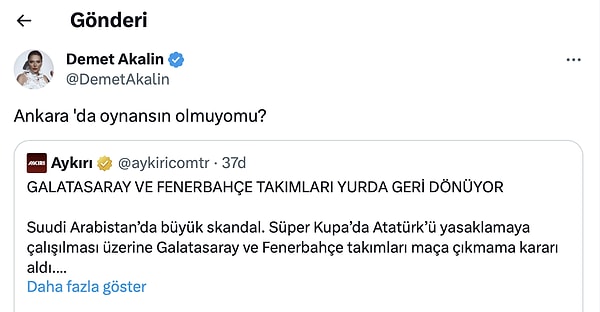 Olaylar ve tepkiler tabii ki durmadı ve Demet Akalın'dan beklenen hamle de gecikmedi. Şarkıcının attığı "Ankara'da oynansın olmuyo mu?" tweetinin altına yüzlerce yorum geldi.