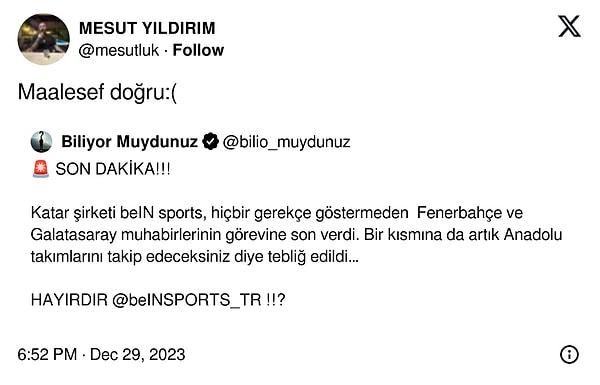 Sözcü Gazetesi Galatasaray muhabiri Mesut Yıldırım, "Maalesef doğru" diyerek paylaşımda bulundu.
