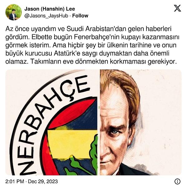 Kendisini "Fenerbahçe'yi ve Türkiye'yi seven Koreli-Kanadalı bir futbol gazetecisi ve tıp öğrencisi" olarak tanımlayan Jason (Hanshin) Lee, sosyal medyada Atatürk'e gösterdiği değerle alkışları topladı.