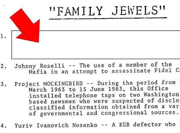 25. 1973 yılında, Direktör James Schlessinger, Yardımcı Direktör William Colby'den 1959'dan itibaren CIA'in kanunu veya ajansın tüzüğünü ihlal edebilecek tüm girişimlerin bir kaydını oluşturmasını istedi.