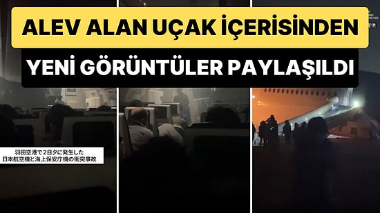 Tokyo'da Yanan Uçağın İçinden Görüntüler: Yolcular Sakince Beklerken Kabin Memurları Kaydırağı Açıyor