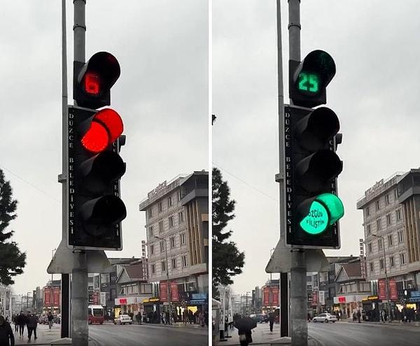 Düzce Belediyesi'nin uyguladığı belirtilen çalışmada, trafik ışıklarının yeşil kısmına 'Özgür Filistin' yazıldı.