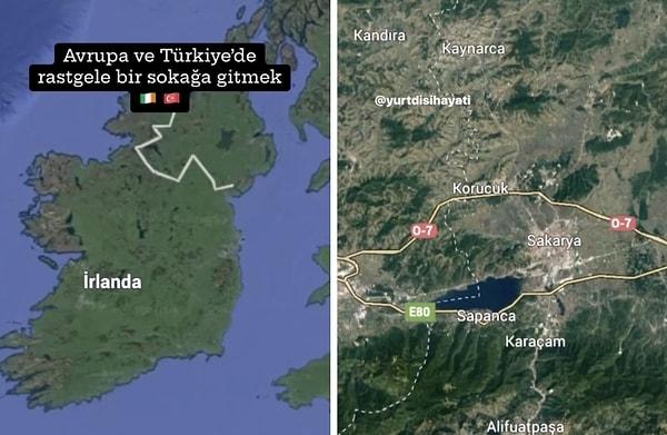 Bir sosyal medya kullanıcısı, İrlanda ve Türkiye'den metropole uzak iki farklı yerleşim yerini Google Haritalar ile gezdi.