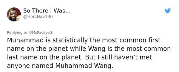 9. "Muhammed ismi istatistiksel olarak en çok kullanılan isimken, Wang en çok kullanılan soyisimdir. Fakat Muhammad Wang isimli birine hiç denk gelmedim."