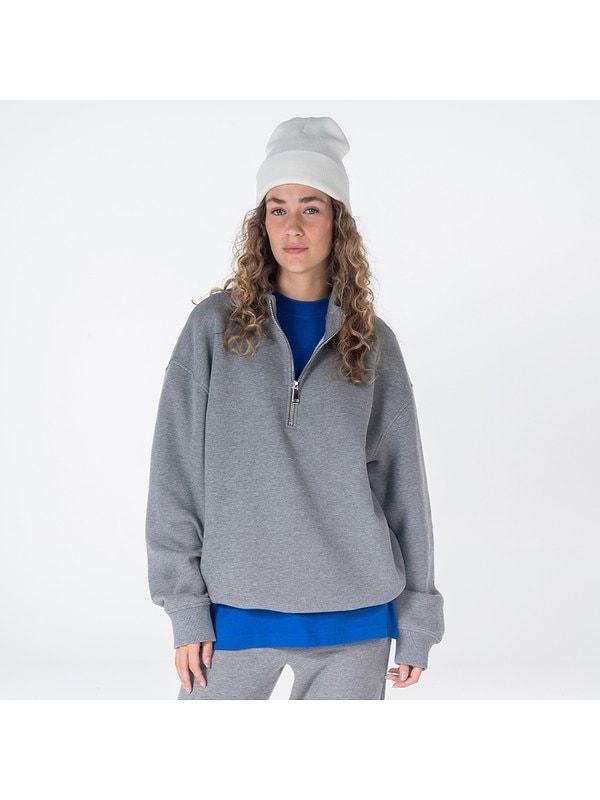 12. James Kadın Gri Melanj Dik Yaka Oversize Yarı Fermuarlı Sweatshirt