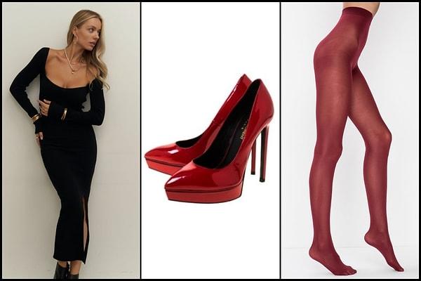 Siyah ve kırmızının uyumunu herkes biliyor elbette... Siyah elbise, kırmızı çorap ve kırmızı rugan yüksek topuklu ayakkabılar çok feminen bir kombin oluşturdu.