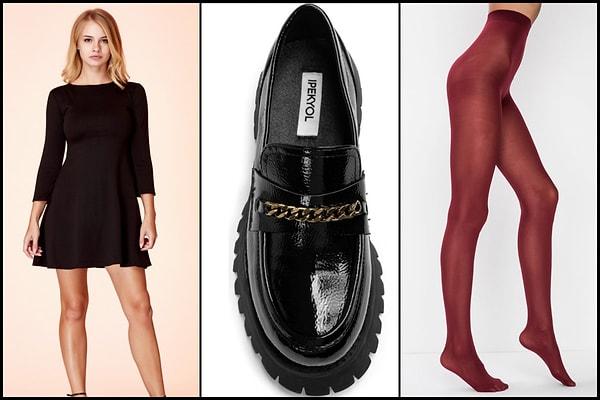Siyah elbise ve aşırı cool makosen ayakkabıları kırmızı çorap ile kombinlemek çok cool bir stil yaratacaktır.