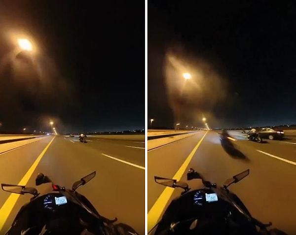 140 km hızla giden motosikletlinin kask kamerası tarafından kaydedilen o anlarda ise, bir başka motosiklet sürücüsü ışık hızında 140 km hızla giden sürücünün yanından geçiyor.
