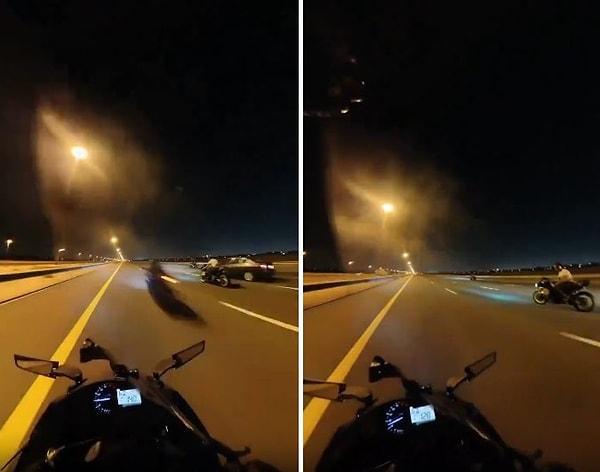 Yanından ışık hızında geçen motosiklet karşısında korkan sürücü ise o anlarda önce gaz çıkarıp ardından da küfür ediyor.
