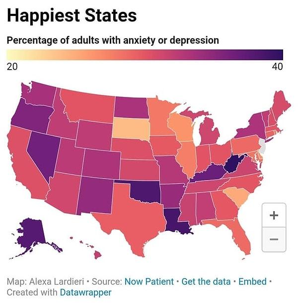 13. Amerika'da depresyon veya anksiyete yaşan kişi yüzdesi.