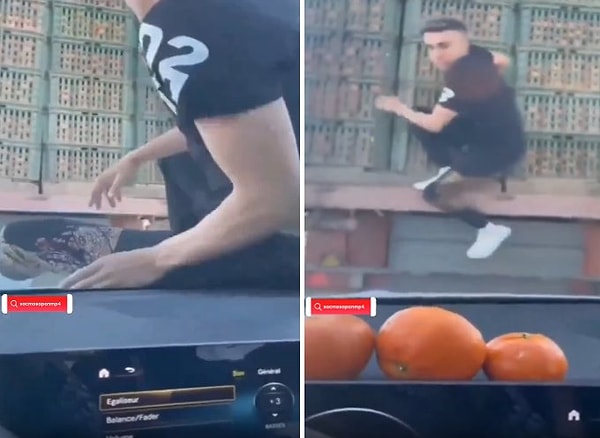 Mandalina taşıyan TIR'ın kasasına geçen genç ardından ise mandalinaları alıp araca geri döndü.