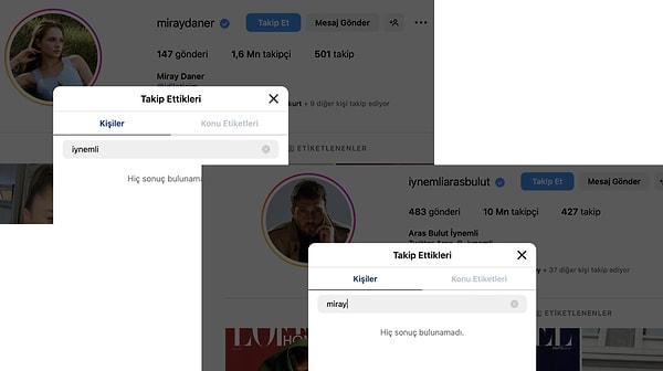 "Evet halamın oğlu" diyerek akrabalık bağlarını duyuran Miray Daner ve karizmatik oyuncu Aras Bulut'un birbirlerini sosyal medyadan takip etmemeleri de epey dikkat çekti.