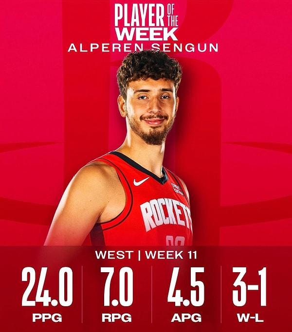 NBA'den yapılan açıklamaya göre haftayı 3 galibiyet ve 1 mağlubiyetle tamamlayan Rockets'ın pota altı oyuncusu Alperen Şengün, Batı Konferansı'nda 11. haftanın en iyi oyuncusu ödülünü kazandı.
