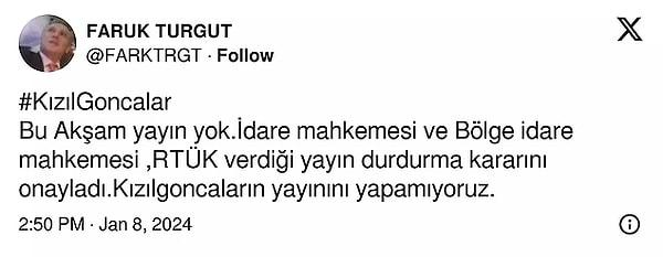 Bunun ardından dizinin yapımcısı Faruk Turgut sosyal medya hesabı üzerinden dizinin bu hafta yayınlanmayacağını duyurmuştu.