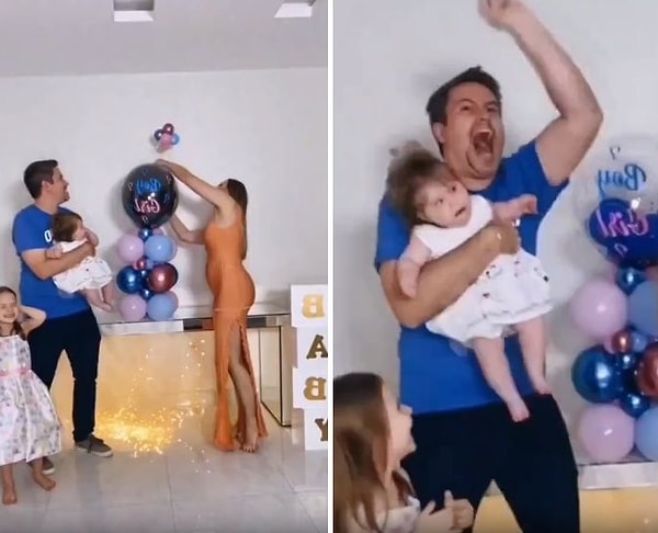 Doğacak çocuğun cinsiyetinin öğrenilmesi için patlatılan balonda ise, bebeğin cinsiyetinin erkek olduğu görülüyor.