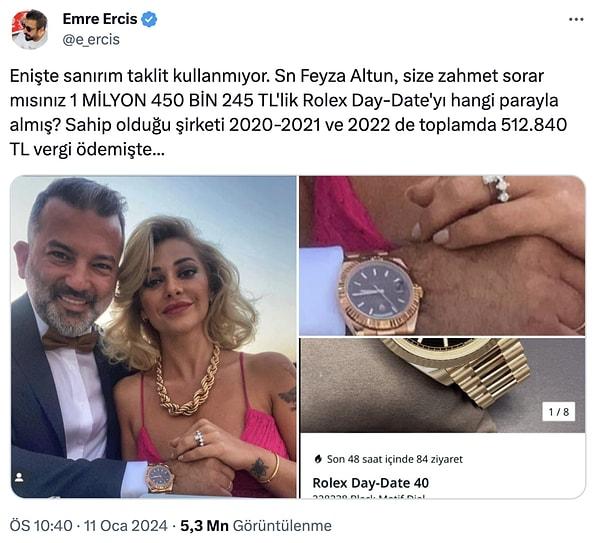 Tüm gözleri İlker Sungurlar'ın taktığı marka saate yönlendiren Erciş, Altun'un aylık gelirlerini de açıklayarak kaynak sordu.