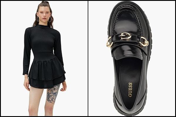 Maskülen giyim tarzının en sevilen parçası olan loafer model ayakkabılar ve mini siyah elbise kombini!