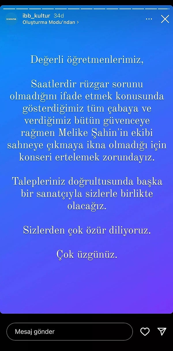 İBB Kültür Sanat hesabı ise ne şarkıcıyı ne de ekibi sahne almaya ikna edebildiklerini açıklayarak Melike Şahin'in söylemlerini yalanlamıştı.