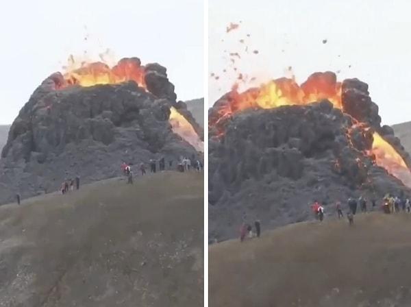 Aktif bir volkanı ziyaret eden turistlerin görüntüleri sosyal medyada viral oldu.
