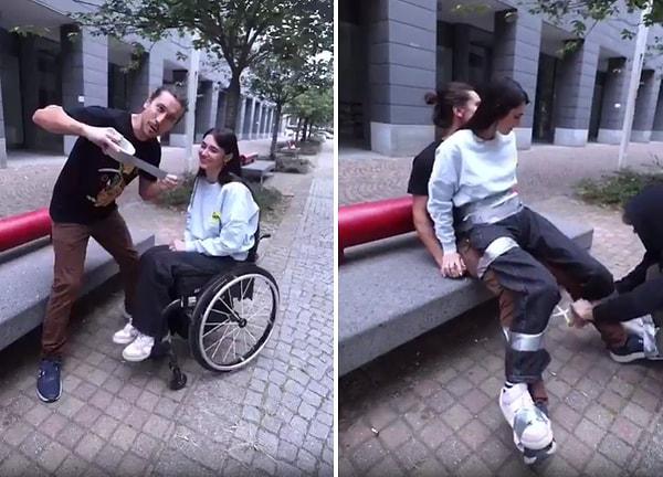 Engelli kız arkadaşını kendi vücuduna bantlayarak yürüme deneyimi yaşatan adam izleyenlere 'Aşkın gücü' dedirtti.