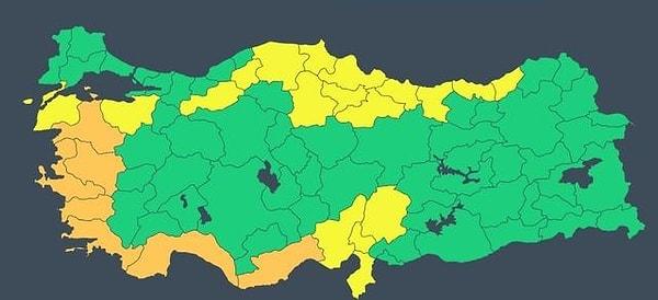 Turuncu kod uyarısı verilen iller;  Balıkesir, İzmir, Manisa, Aydın, Muğla, Mersin, Antalya olarak sıralandı.