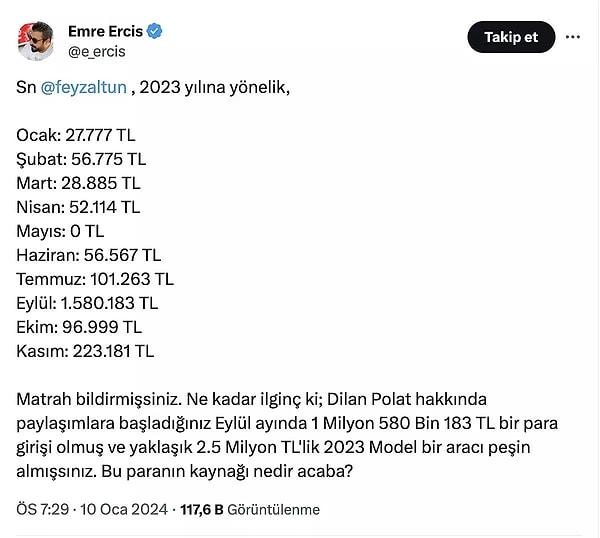 Gazeteci Erciş, Feyza Altun’un 2023 yılına ait vergi beyanlarına dikkatleri çekerek vergi kaçırma iddialarına işaret etti.