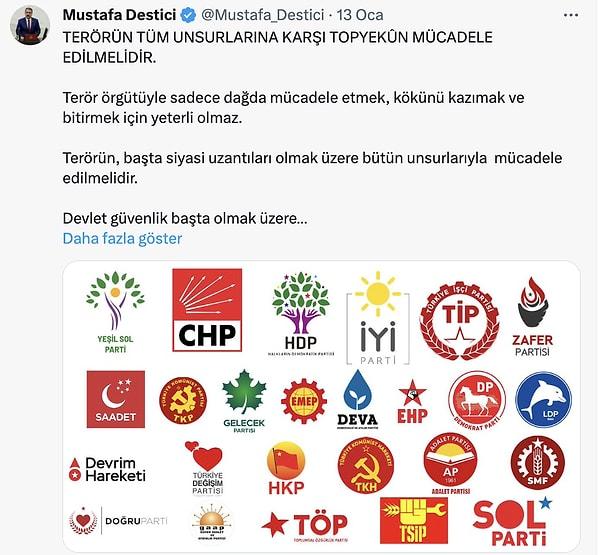 9 askerin şehit olması sonrası sosyal medya hesabından yaptığı paylaşımda Cumhur İttifakı dışında yer alan 25 partiyi terörü desteklemekle suçlayan Büyük Birlik Partisi Genel Başkanı Mustafa Destici'nin paylaşımı tepki çekmişti.