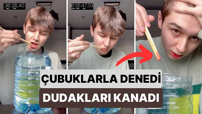Çatalla 5 Litre Suyu Bitirmeye Çalış Genç Aynısını Çubuklarla Deneyince Dudakları Kanadı