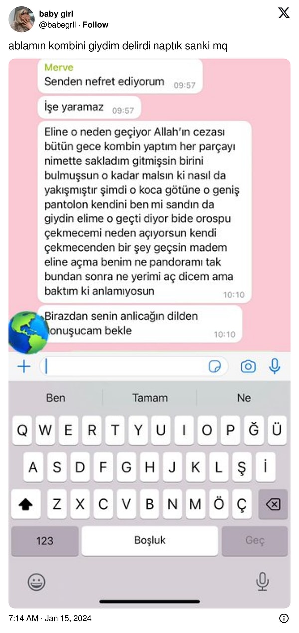 Twitter'da da @babegrll isimli kullanıcı her kız kardeş gibi ablasının kombinine bir güzel çökmüş. Durumu öğrenen abla da kullanıcıya okkalı bir mesaj atmış.