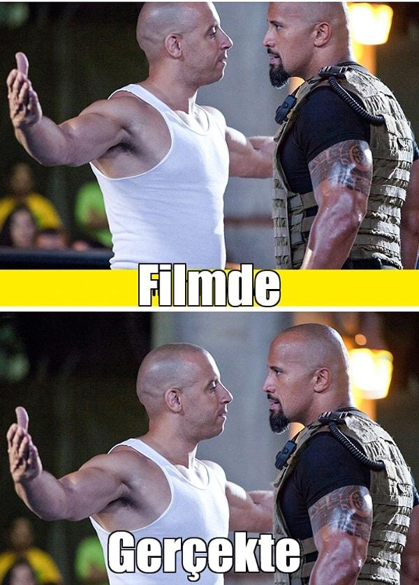 8. Vin Diesel ve Dwayne Johnson, Hızlı ve Öfkeli filmlerinde beraber ekrana çıkmalarına göre söylenenlere göre aralarında bir anlaşmazlık olduğu için ayrı çekilmiş ve sonrasında aynı sahnede yer alıyorlaşmışcasına montajlanmışlar.
