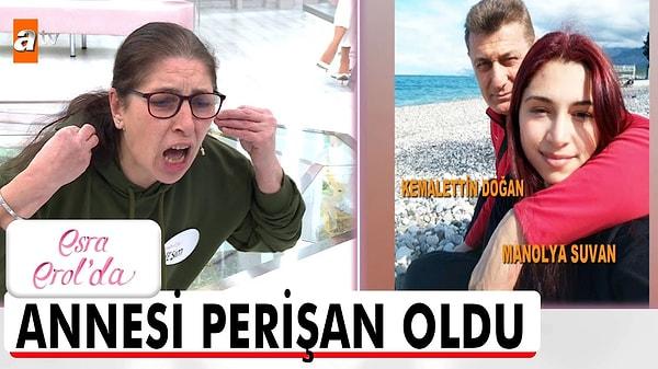 18 yaşındaki dizi Manolya'nın 55 yaşındaki spor hocası Kemalettin tarafından kaçırıldığını iddia eden anne Yeşim Hanım, kızını bulması için Esra Erol'a başvurdu.