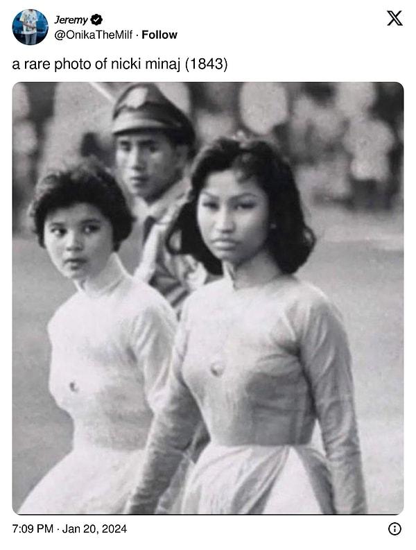 Bu kadar da değil! Bir X (Twitter) kullanıcısı "Nicki Minaj'ın az bilinen fotoğrafı" notuyla 1843 yılına ait olduğunu iddia ettiği bir fotoğraf paylaştı.