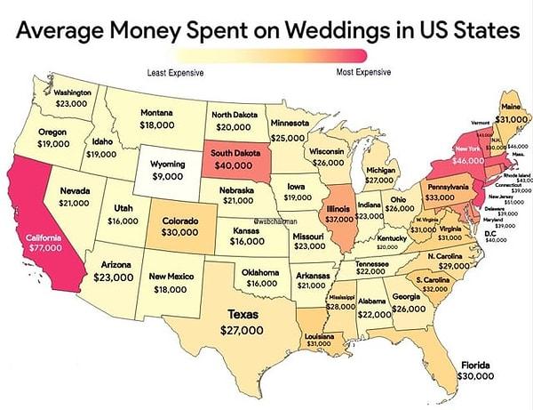 15. ABD eyaletlerinde düğünlere harcanan ortalama para.