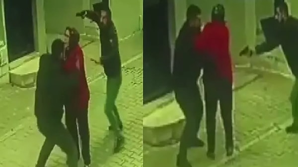 Görüntülerde, B.M.'nin elindeki ruhsatsız tabanca ile koştuğu görülürken bir kadının da ikili arasında kaldığı görülüyor. Kadını kalkan olarak kullanan şüpheli ise bu sırada B.M.'yi vurmaya çalışıyor.