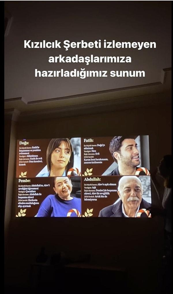 Kızılcık Şerbeti fanı olan Mizgin Sönmezoğlu, detaylı bir sunumla diziyi arkadaşlarına anlattı.