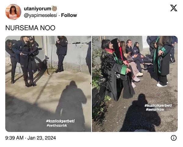 Polis ve avukatların yer aldığı Kızılcık Şerbeti setinden fotoğraf paylaşan bir izleyici o anları "Nursema nooo" şeklinde paylaşırken, bu anlara yorum yağdı.