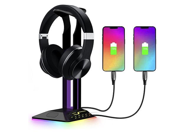 9. RGB Kulaklık Standı, 2 USB Şarj Portlu Çok İşlevli Masa Oyun Kulaklığı Tutucu