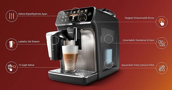 Tamamen çıkarılabilir demleme grubu sayesinde temizlemesi kolay olan Philips Tam Otomatik Kahve Makinesi EP5447/90, AquaClean sayesinde kireç temizlemeye gerek kalmadan 5000 fincana kadar kahve demlemenizi sağlıyor.
